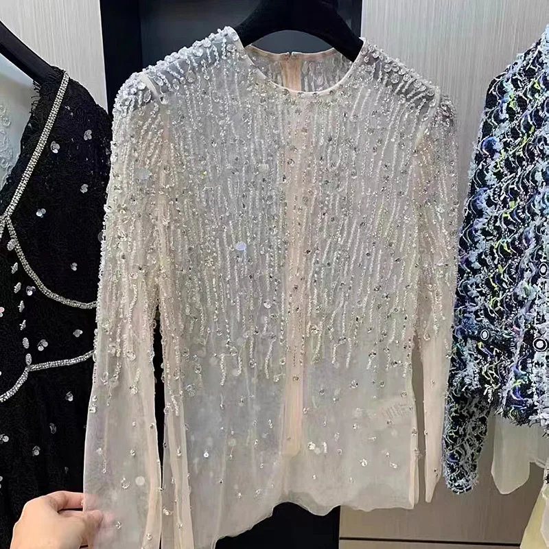 2024 Spring Women Sexy Club Clothes Luxury Beauty Diamond Mesh Gauze Blouses with Diamond Sequin Gauze Top Female Party Shirts