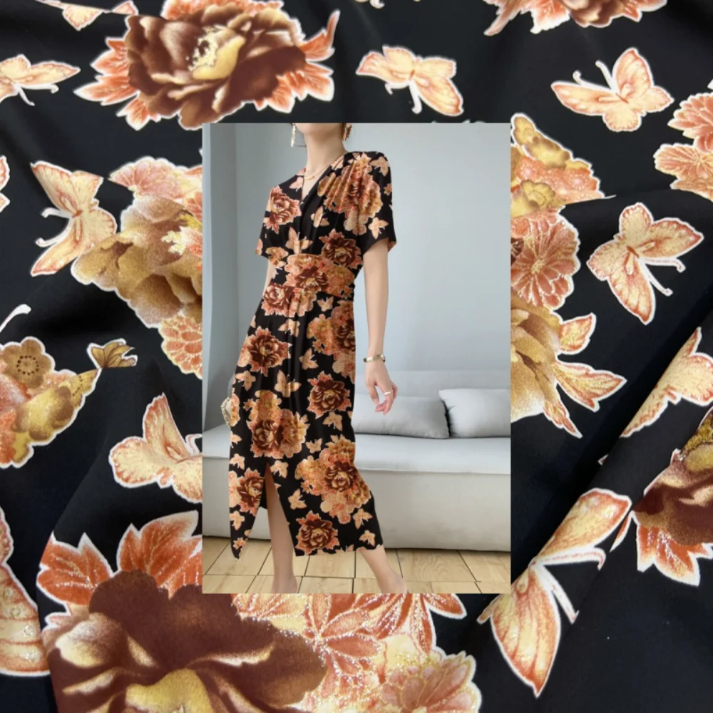 

Шелковый тяжелый Джо, черная нижняя бронзовая ткань, брендовый модный дизайн для платья, пион, одежда, материал, шитье по метрам, оптовая продажа