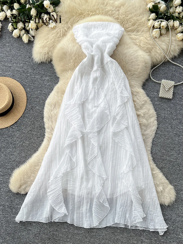 Beiyingni Summer Strapless Dresses for Women Ruffles Casual Vacation Sexy Long Dress Female Minimalist Elegant Luxury Dress New