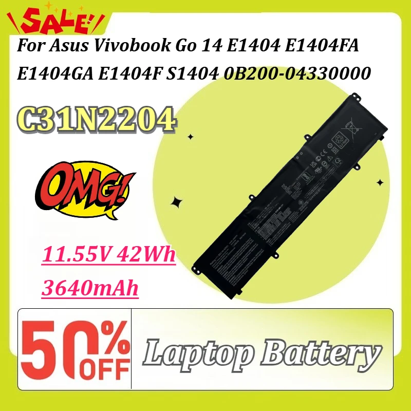 

New C31N2204 11.55V 42Wh 3640mAh Li-ion Laptop Battery for Asus Vivobook Go 14 E1404 E1404FA E1404GA E1404F S1404 0B200-04330000