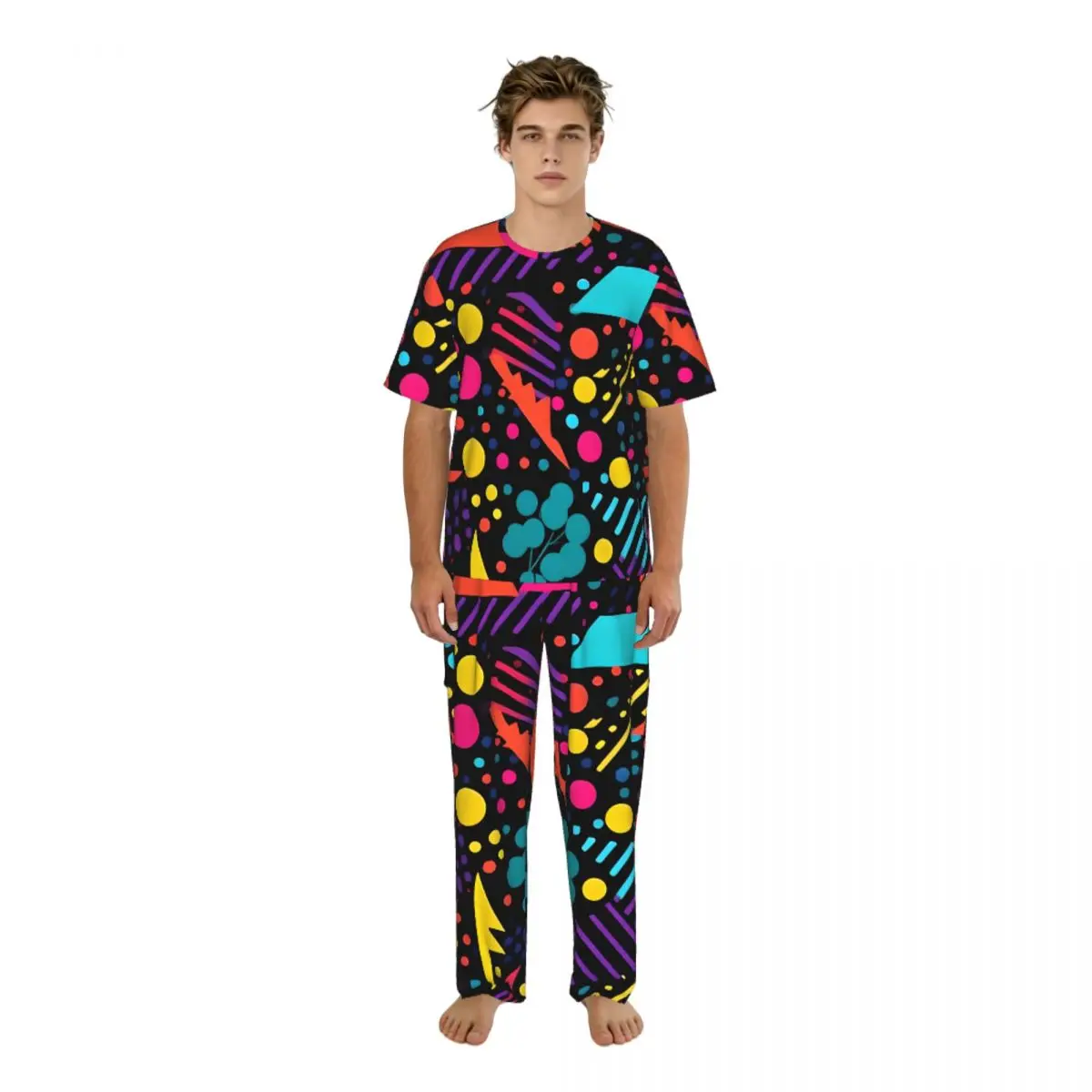 

Мужской пижамный костюм с короткими рукавами и длинными брюками, геометрический ретро-дизайн в стиле 80-х и 90-х годов, летняя домашняя одежда, комплект