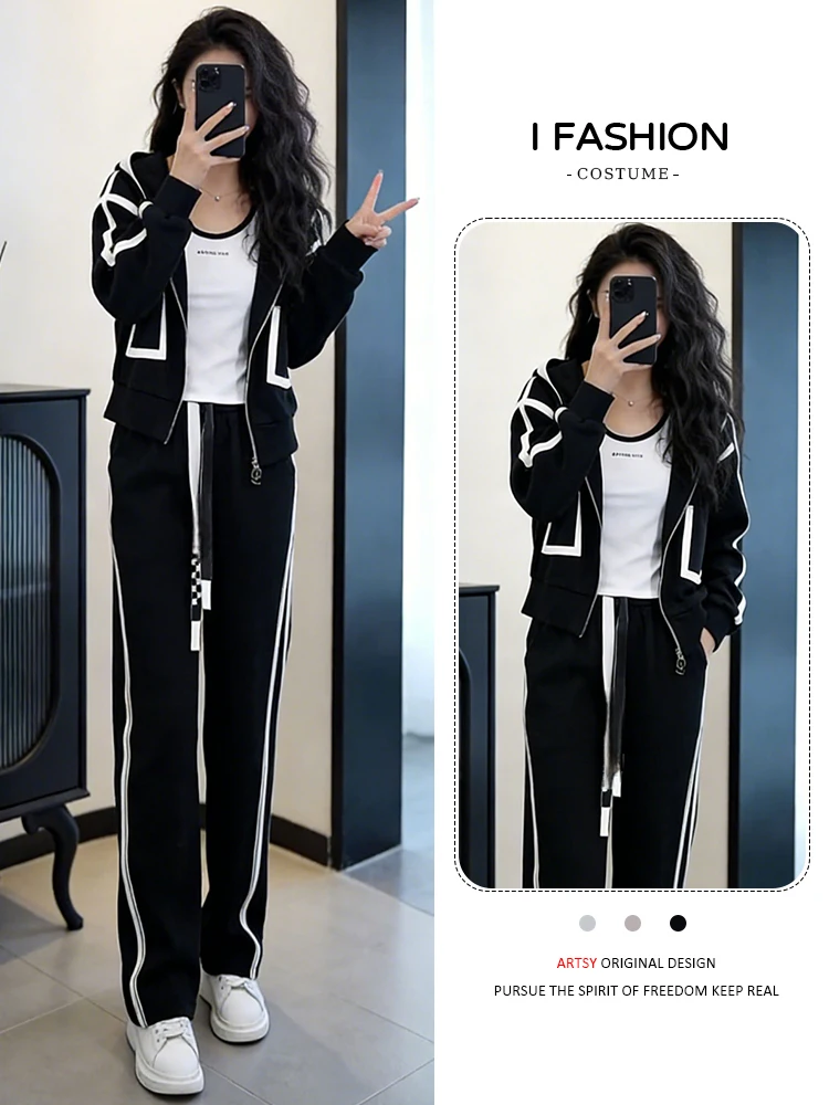 

Spring 2026 Women's Casual Two-Piece Set Open Cardigan Wide Leg Pants Versatile Comfortable Korean Sle Mid-Length Cotton Blend