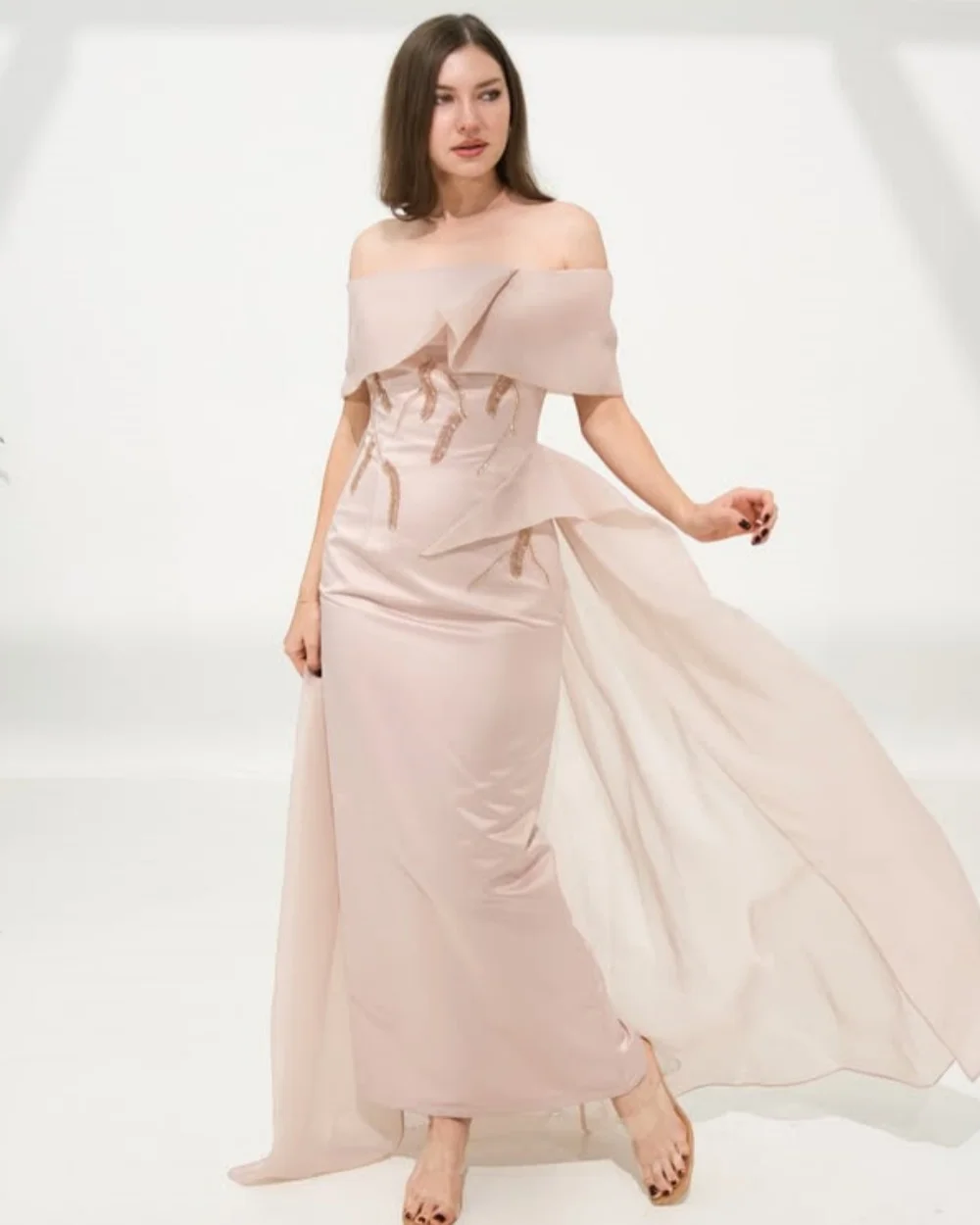 

Customized High Quality Women Rhinestone Pleat Sheath Evening Dresses Fashion Off-the-shoulder Sleeveless Ankle Length Dresses