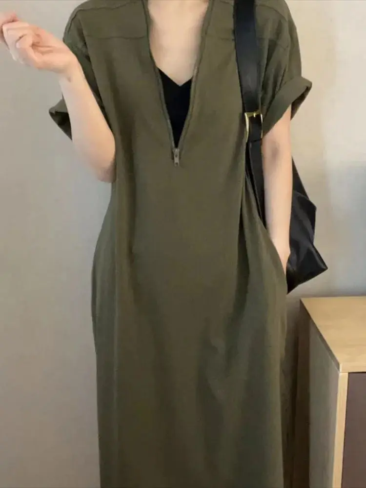 プラスサイズ 夏 カジュアル ハイウエスト Tシャツ ドレス レディース ゆったり 着痩せ お腹カバー ジッパー付き ロング丈 ドレス