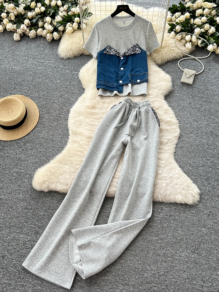 

Casual set of women's summer design denim patchwork short sleeved top, high waist wide leg straight leg pants set