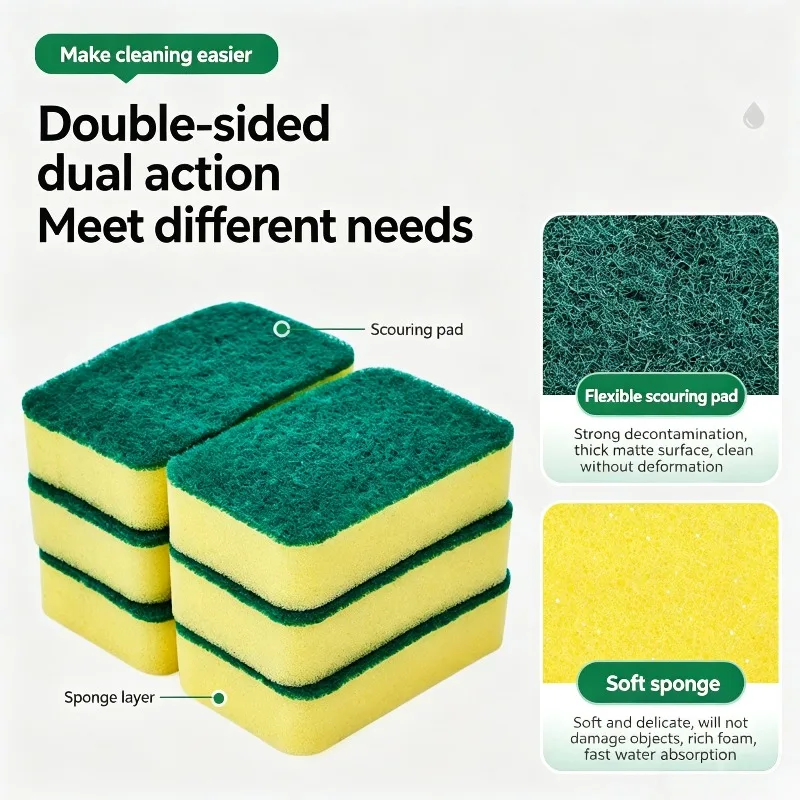 Dual Action Kitchen Cleaning Sponge Heavy Duty Scrubber Sponge Absorbent Foam Sponge for Dish Pot Sink Home Cleaning Supplies