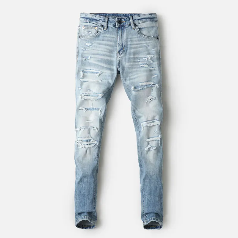 

Street Fashion Men Jeans High Quality Retro Light Blue Stretch Slim Fit Ripped Jeans Men Patched Designer Vintage Denim Pants