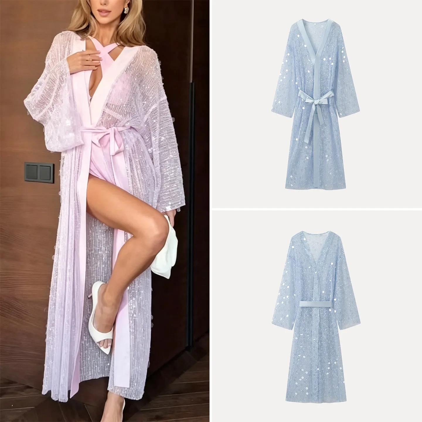 Women's Fashion Mesh Long Sleeve Shirt Bright Sequin Tie Waist Slimming See-through Two-tone Autumn 2026 New Style Casual Loo...