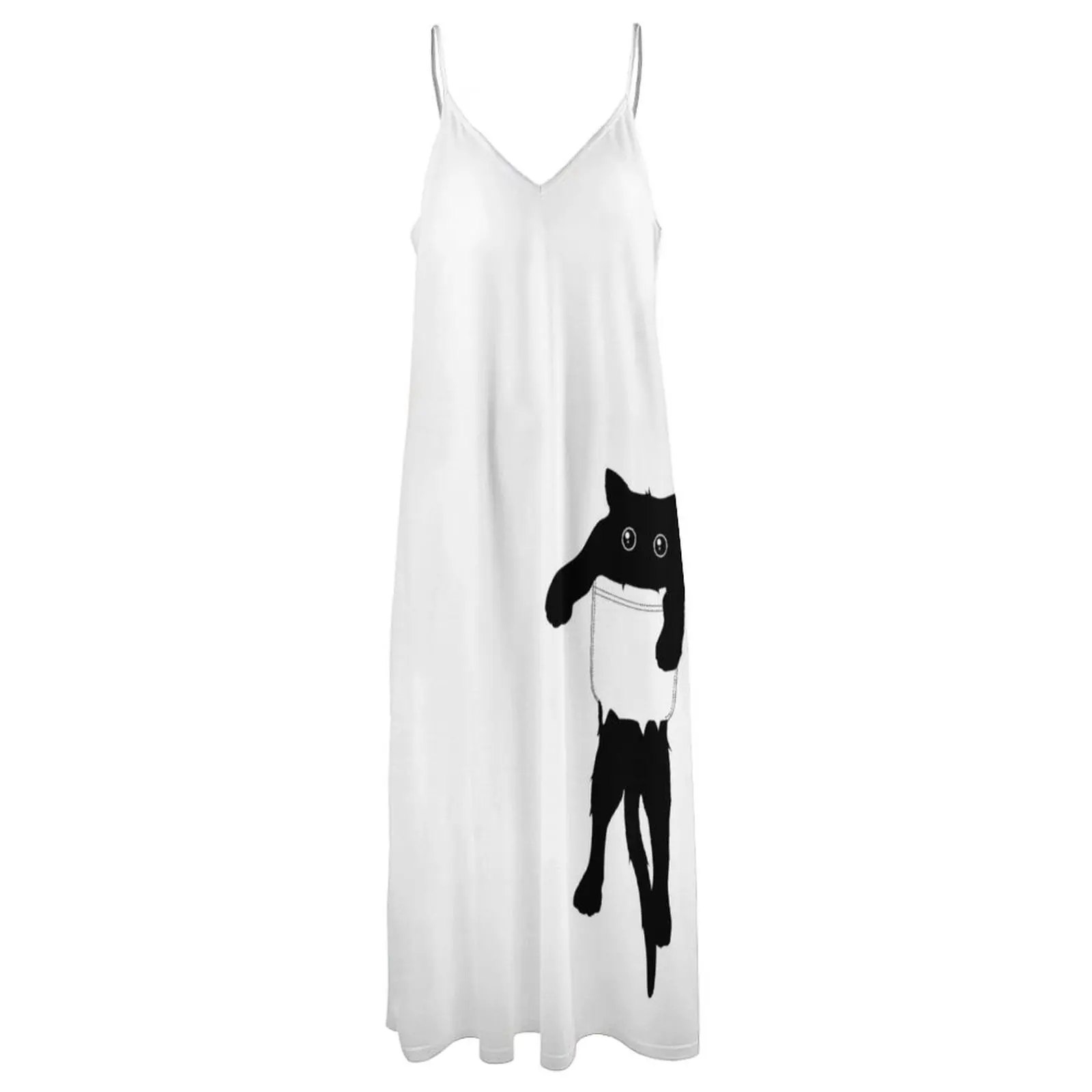 Vestido sem mangas solto para mulheres, arte de bolso do gato preto, vestido de festa luxuoso, verão