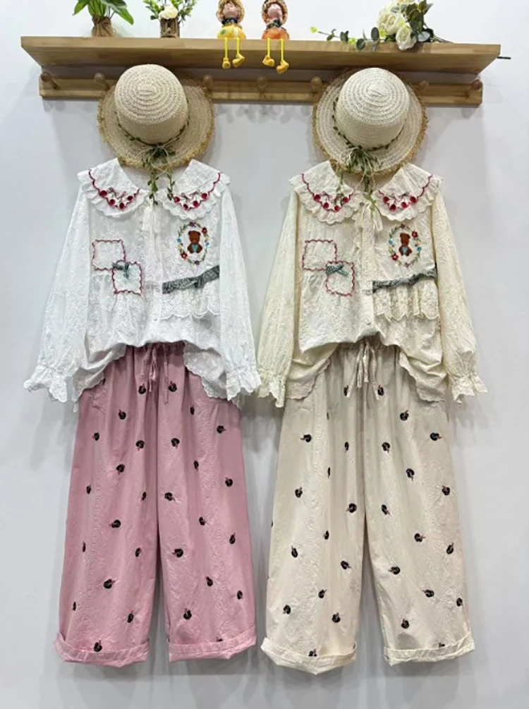 새로운 2025 여름 코튼 스트레이트 바지, 여성 탄성 허리 자수, 모리 걸 다목적 캐주얼 INS 루즈 한 바지 B54022CC