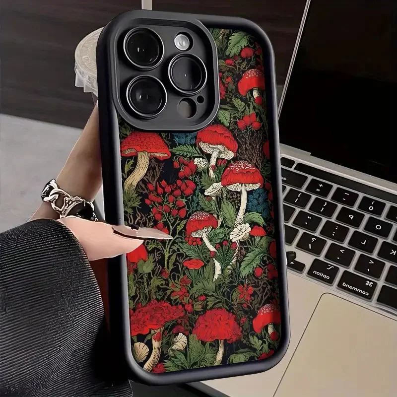 

Vintage Flower mushroom Pattern Silicone Case For iPhone 16 15 14 13 12 11 Pro Max XS XR 16 pro 7 8 SE2 Plus Cover Matte Funda