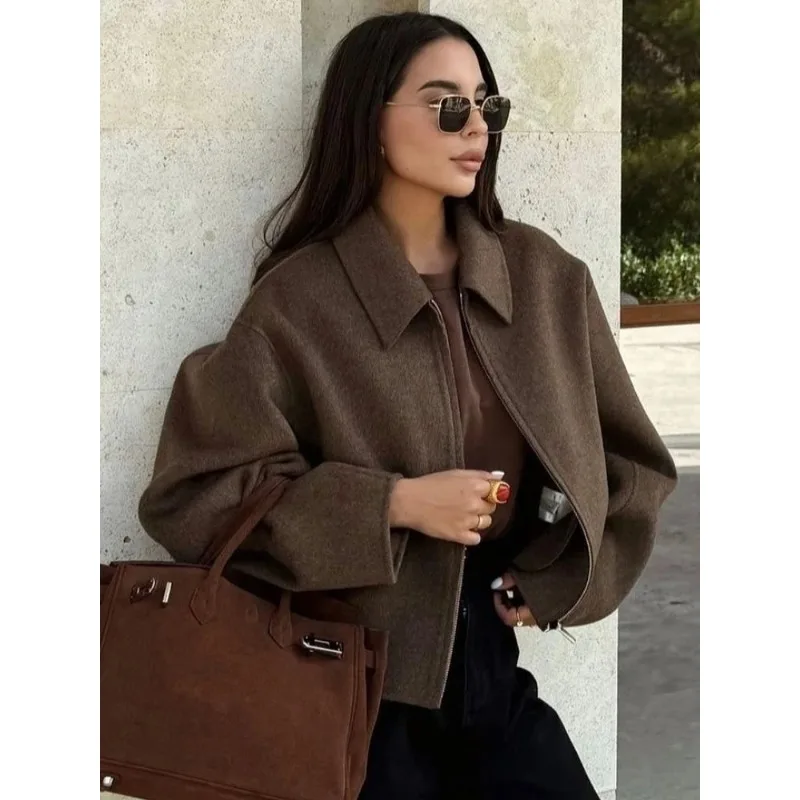 

Модная коричневая шерстяная куртка на молнии для женщин, элегантное короткое пальто с лацканами и длинными рукавами, женская винтажная осенняя уличная верхняя одежда