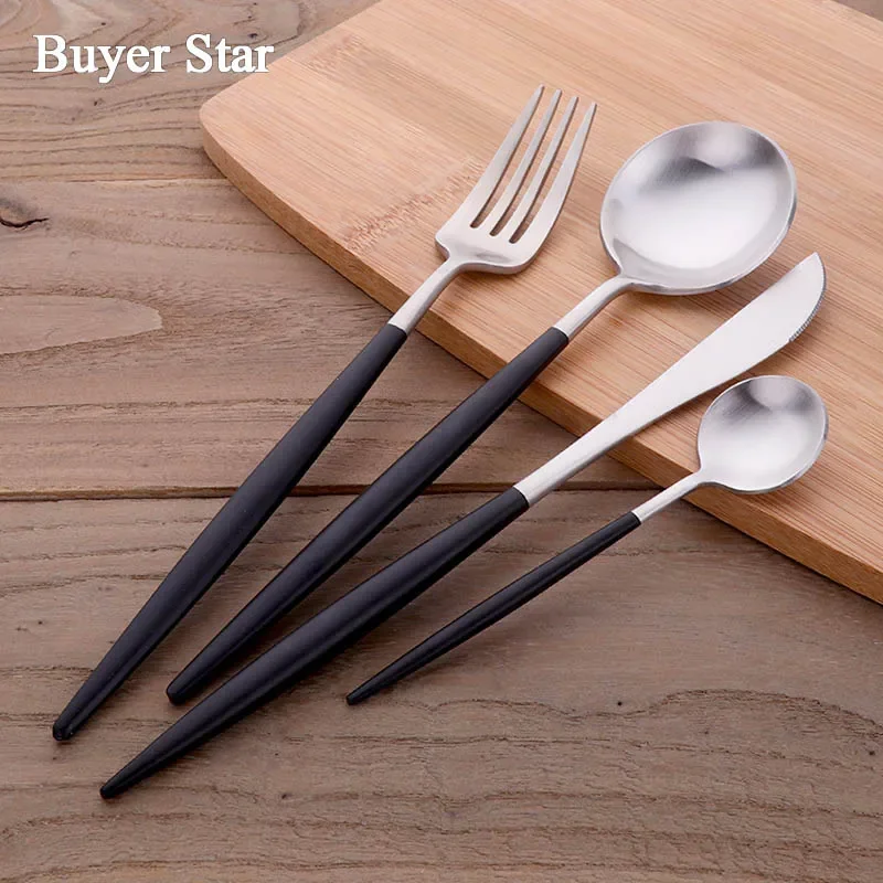 Buyer Star Juego de cubiertos de acero inoxidable de 24 piezas Servicio para 6 elegantes casitas, cocina, restaurante, hotel, elegantes cubiertos mate