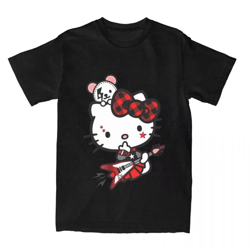 

2025 Summer New Sanrio Hello Kitty Rock T-shirt Retro Fashion Trend Cotton Casual T-shirt Women's Short Sleeved Printed Clothing