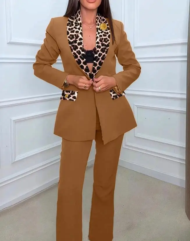 

Two Piece Set Women Outfit New Leopard Print Spliced Shawl Collar Single Breasted Flap Detail Blazer Coat & Zipper Fly Pants Set
