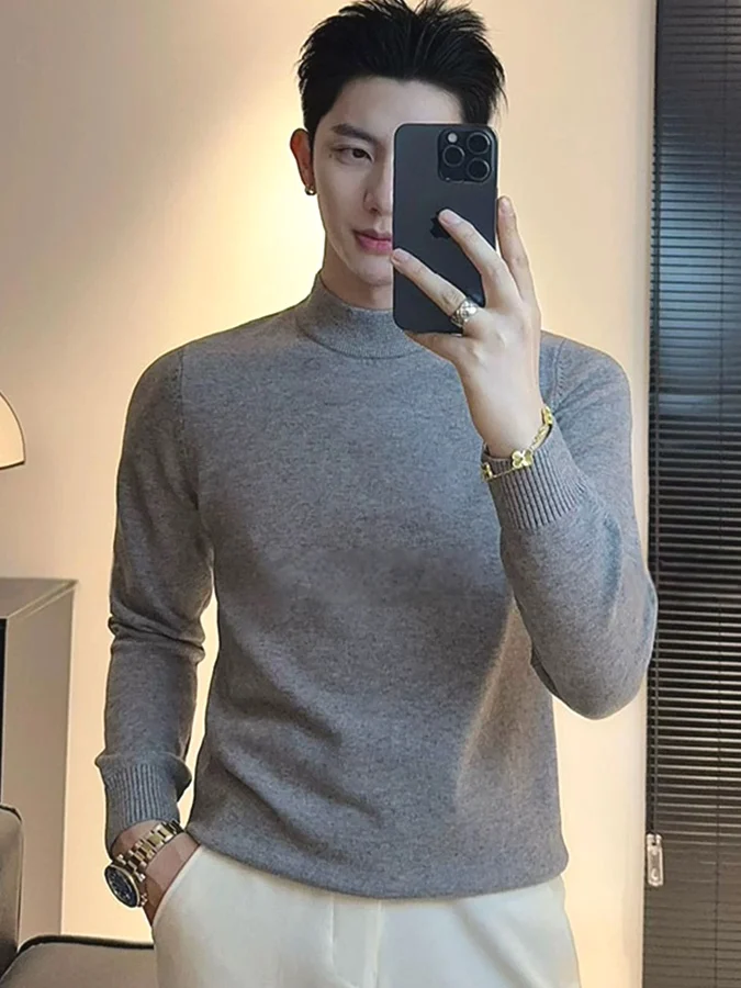 

Men's Slim Fit Long Sve Knitted Sweater f High Collar Wool Core Spun Yarn Elastici Faionable Casual Warm Top
