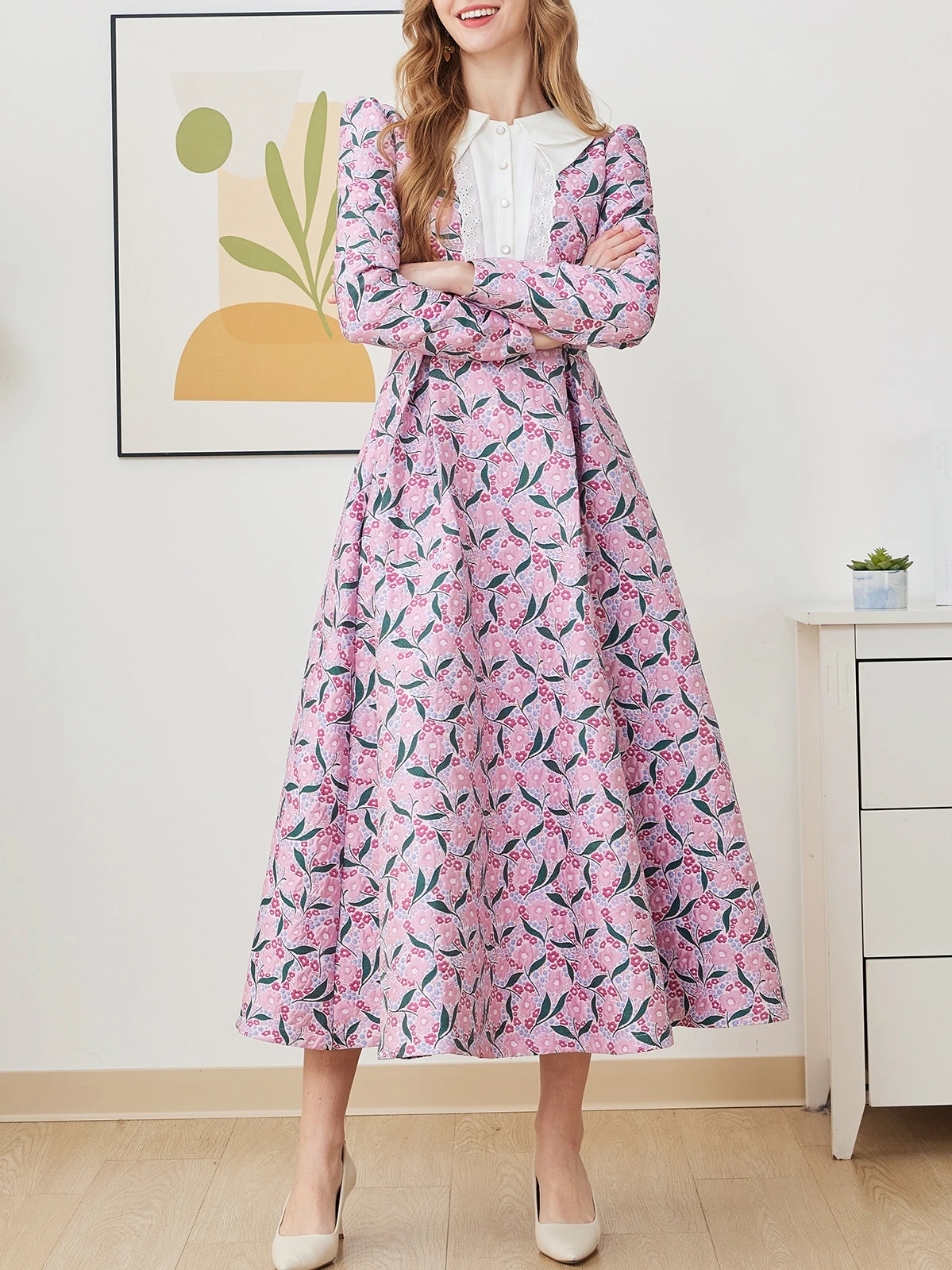 

Luxurious pastel purple heavy jacquard vintage Peter Pan collar party banquet dress long skirt