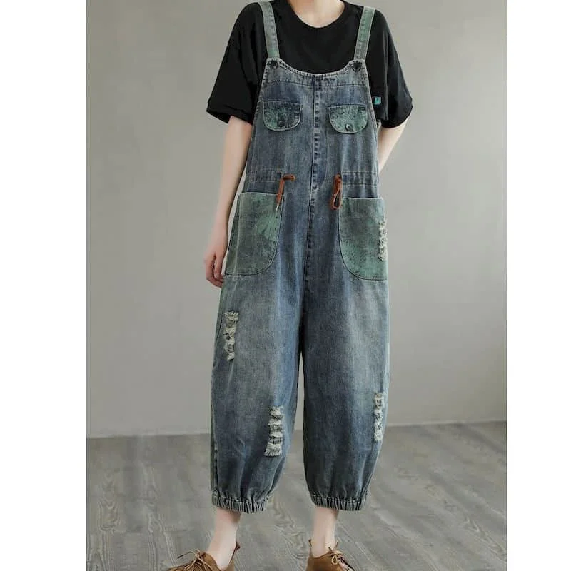 

Denim Jumpsuits Loose Casual Emaciated Personality Hole Jeans Korean Fashion Printing Rompers One Piece Outfits Women Clothing