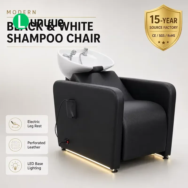 Electric Shampoo Chair Black White Perforated Leather With LED Base Light And Leg Rest For Hair Washing Station