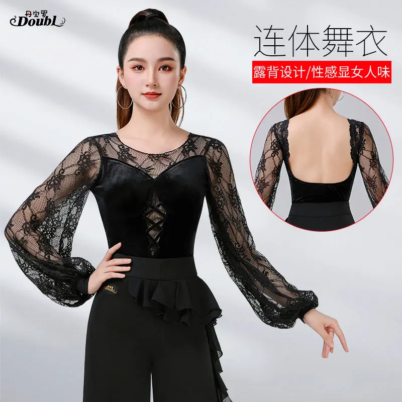 Doubl Dancing Top Velvet Splicing Backless Onesie Ballroom Dance Dress Black Everyday Latin Dance Dress