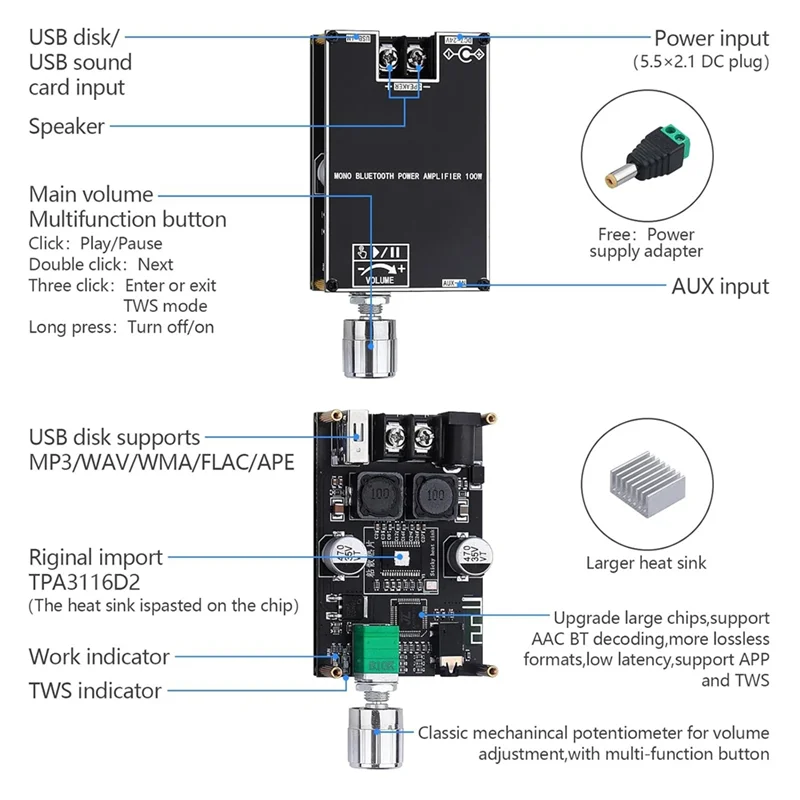 B04B-1001B Bluetooth Amplifier Board–2Pack 100W Mono AMP Mini Audio Power Amplifier Module With Box Matching