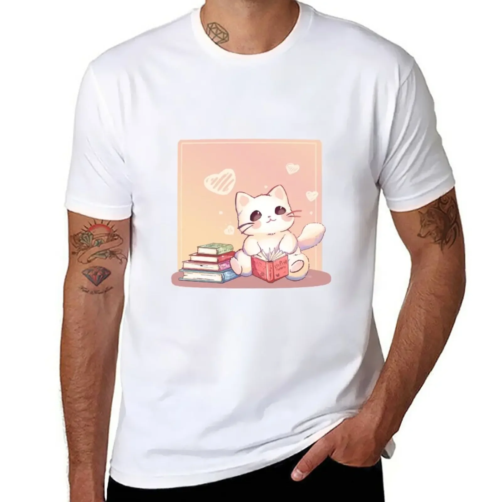 

Pastel Kawaii Library Cat T-Shirt oversized boys animal print fruit of the loom mens t shirts