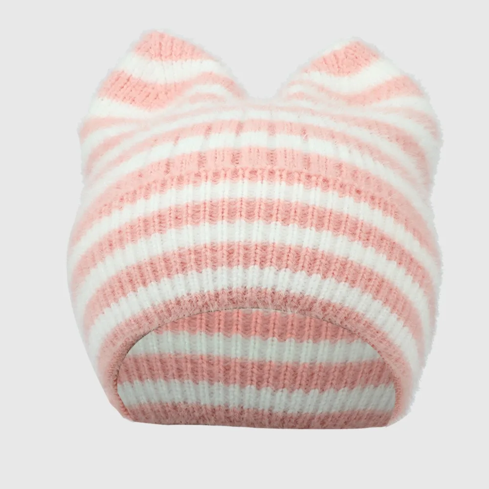 Cute Winter Cat Ears Beanie Hat Soft Striped Wool Knitted Cap Y2K HipHop Cosplay Warm Ear Protection Wool Cap for Women Girls