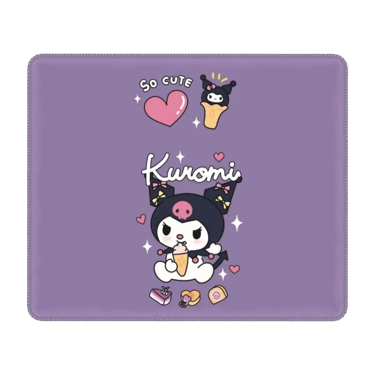 Custom Cute Kuromi Cartoon Anime Computer Mouse Pad Soft Mousepad with Stitched Edges Anti-Slip Rubber Mouse Mat for Gaming