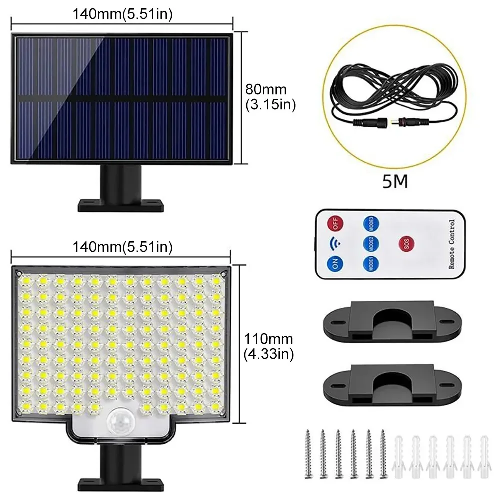 Solar Power Wall Light com 106 LED, controle remoto, Split, gramado, jardim