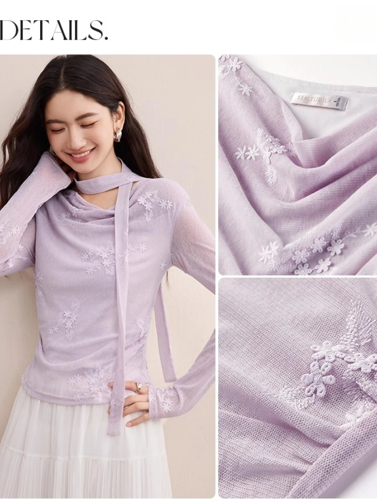 SENTUBILA élégant banlieue dentelle chemises femmes automne 2025 ruban amovible 3D fleurs broderie à manches longues haut 153CF2642