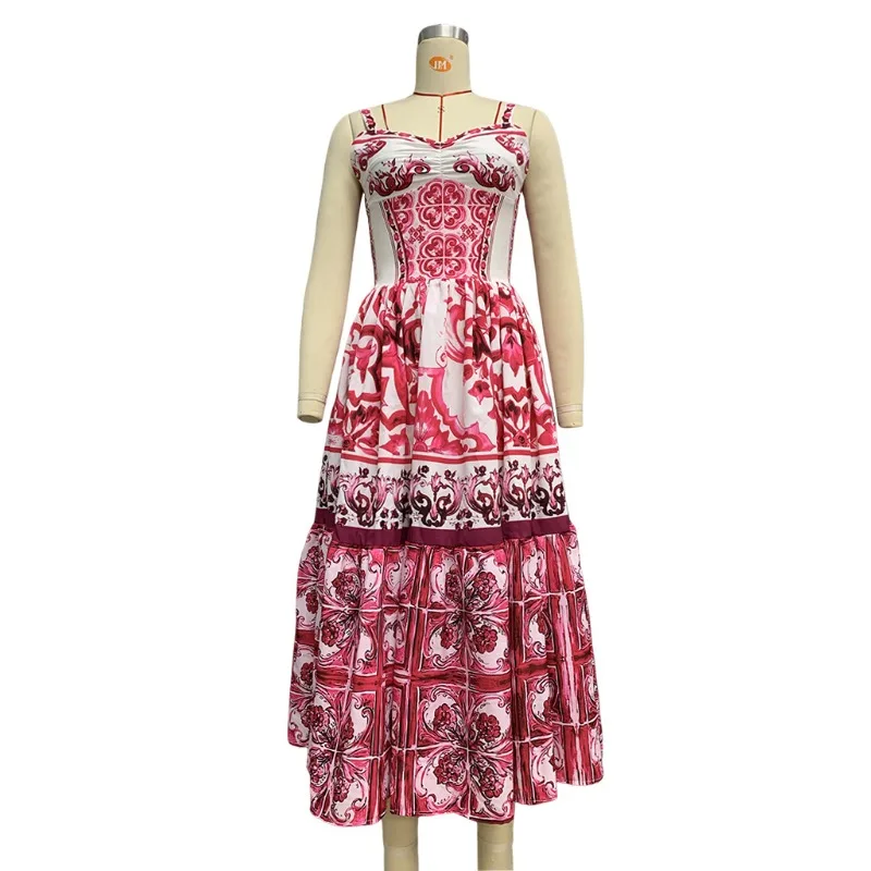 Tendência feminina bohe vestido moda impressão cintas de espaguete sem mangas sexy vestido de praia cintura controlada bainha grande maxi vestido