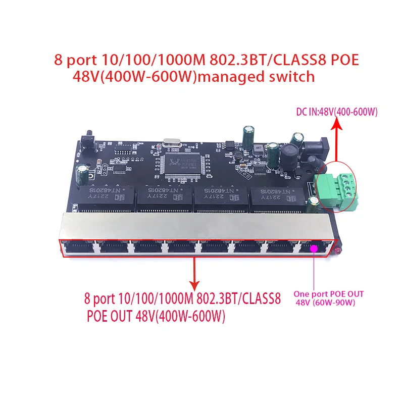 

8-port 10/100/1000M POE 48V(400W-600W) 802.3BT/ class8 managed switch PCB module