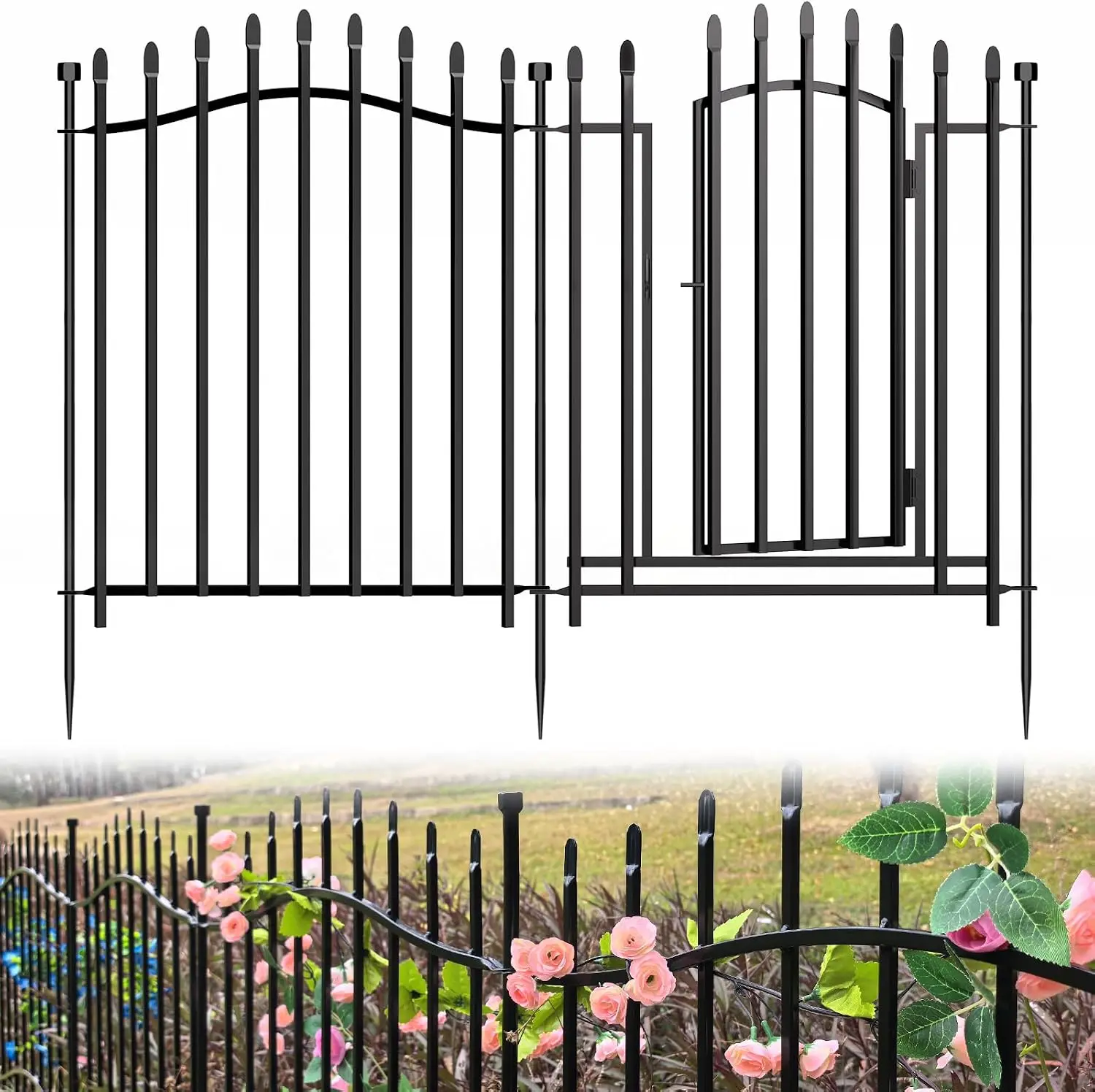 No Dig Rustproof Reinforced Square Tube Garden Fence With Gate 32 Inch Height 22.5 Ft Length Decorative Pet Animal Barrier Outdoor Yard Landscape Border For Dogs Rabbits