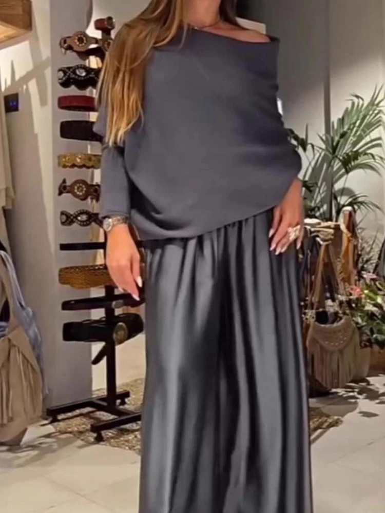 Women Streetwear Two-Piece Sets Loose Slash Neck Pullover Top with Wide Leg Pants Simple Patchwork Casual Outfit Spring Autumn image 5