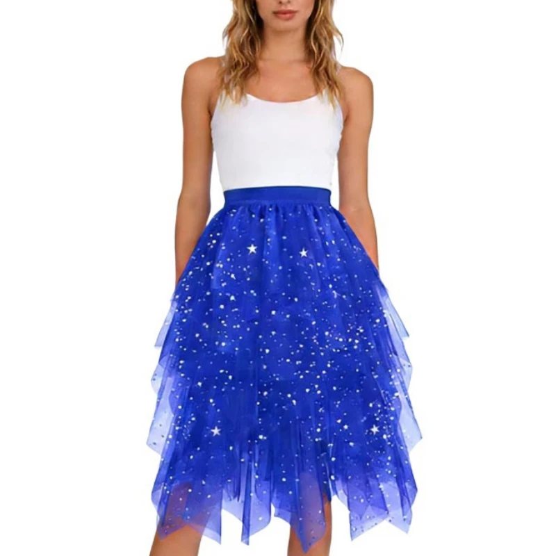 Luxury Tulle Skirt Sparkling Sequin Skirts Mesh Puff Skirt Star Tutu Skirt Irregular Midi Tulle Skirts Party Evening Dress Sweet