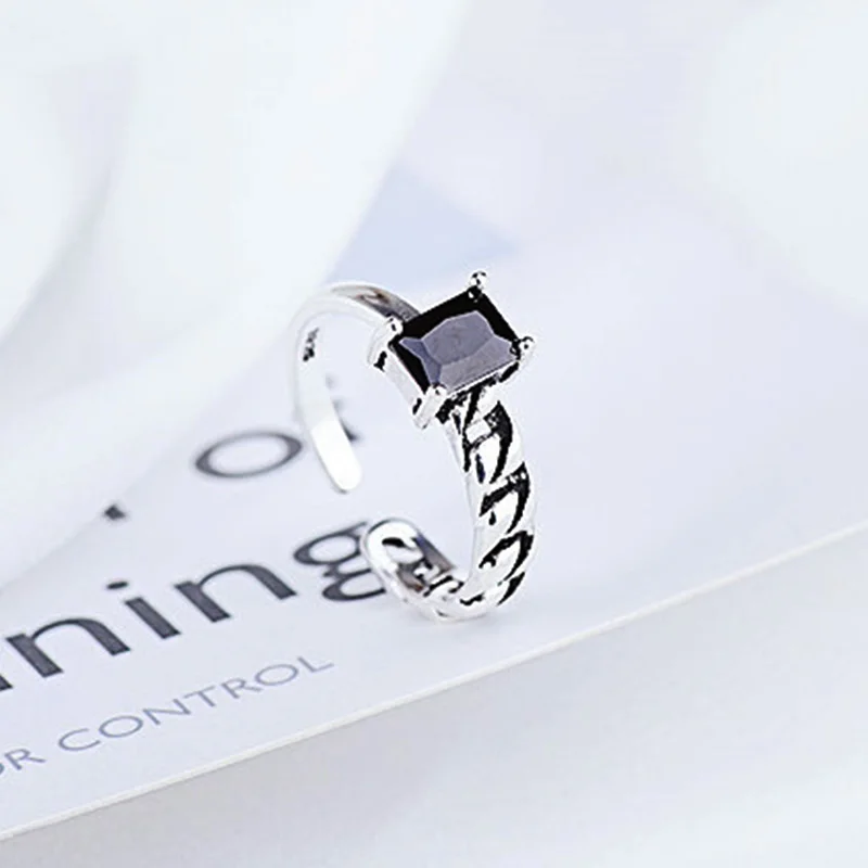 Fashion 925 Sterling Silver Irregular Wide Ring For Women Men Black Rectangule Agate Stone Fine Jewelry Adjustable Finger Rings