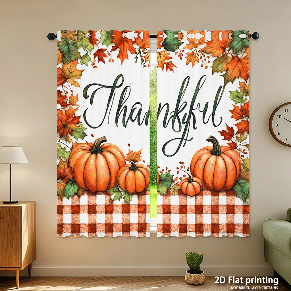 2-piece set of high-definition digital printed curtainsThanksgiving watercolor pumpkins checkered tablecloth autumn leavesHome d