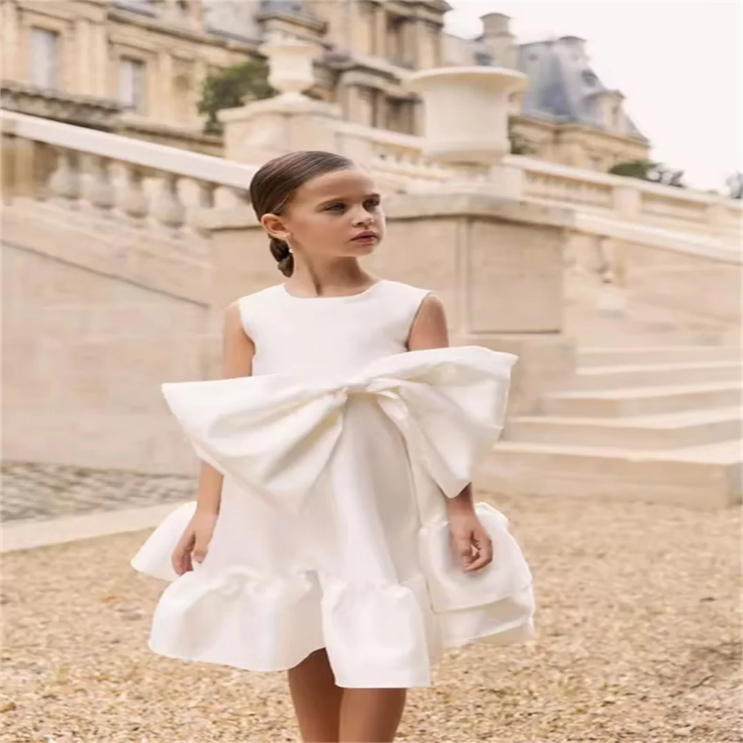 White Boho Flower Girl Dresses for Wedding Customized Big Bow Flowergirl Dress Baby Girls Birthday Party First Communion Gowns