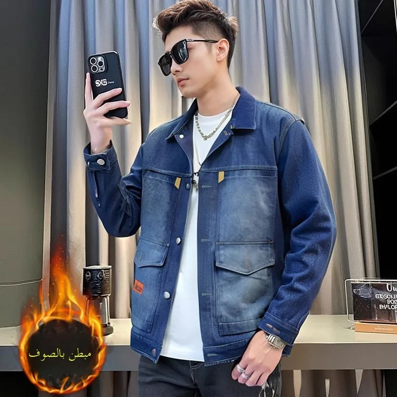 

Wear-Resistant Denim Jaet for Men Workwear Youth Faion Long Sve Warm Outerwear for Construction Site W