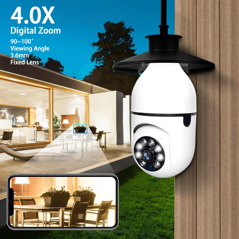 camara vigilancia wifi Bombilla E27 para vigilancia, Monitor de vídeo con Wifi, visión nocturna, seguimiento humano a todo Color, Zoom 4X,