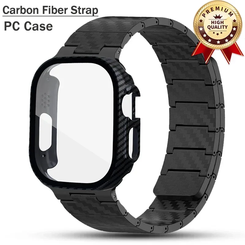 Carbon Fiber Strap+PC Case For Apple Watch Band Ultra 2 49mm 45mm 41mm 44mm 40 42mm Magnetic Bracelet iWatch 9 8 7 6 5 4 3 SE