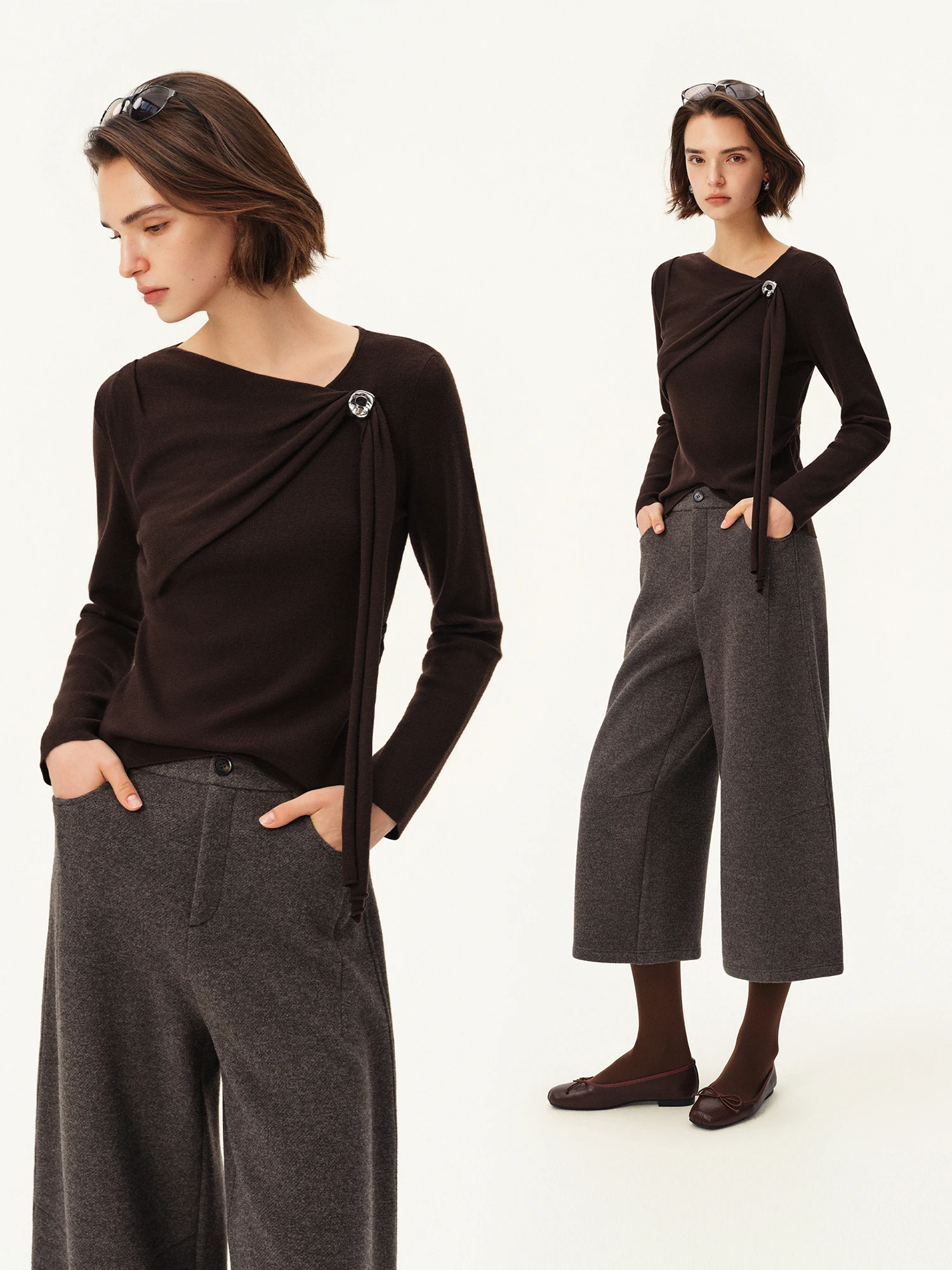 ZIQIAO Women's Vintage French Asymmetric Neckline Knit Sweater Waist Tie Sash Structured Shoulders New Arrival Winter 2026 Top
