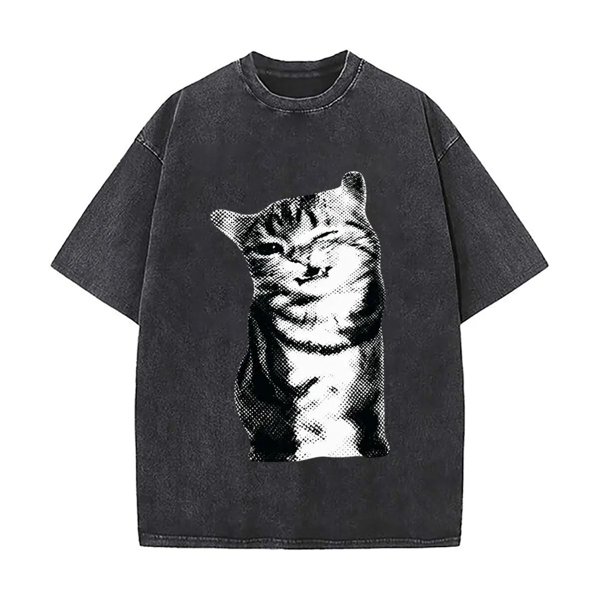 Black White Halftone Tabby Cat Portrait Design Distressed Faded Baggy Streetwear Tops for Park Hangouts