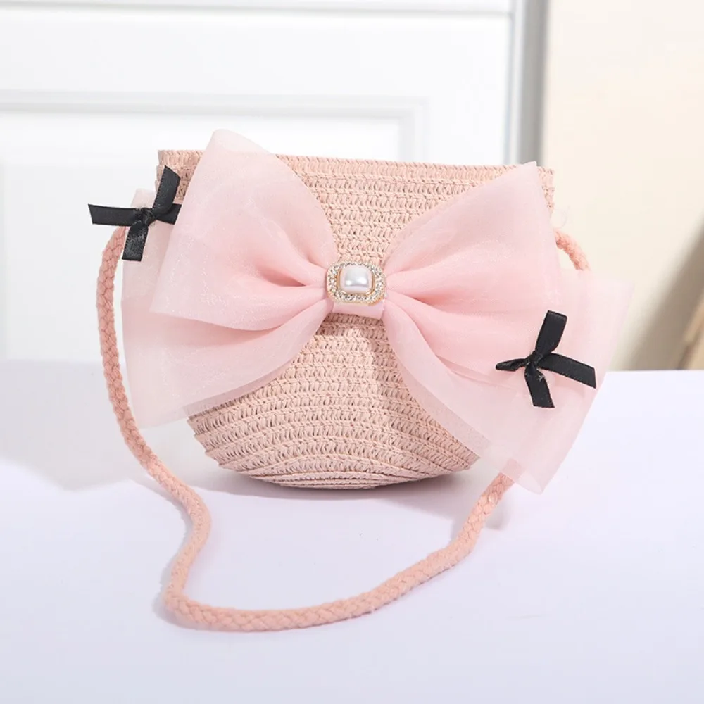 

Sweet Kid's Straw Woven Bag Bow Shoulder Bag Outdoor Travel Messenger Bag Beach Bag Mini Children's Coin Purse Handbag