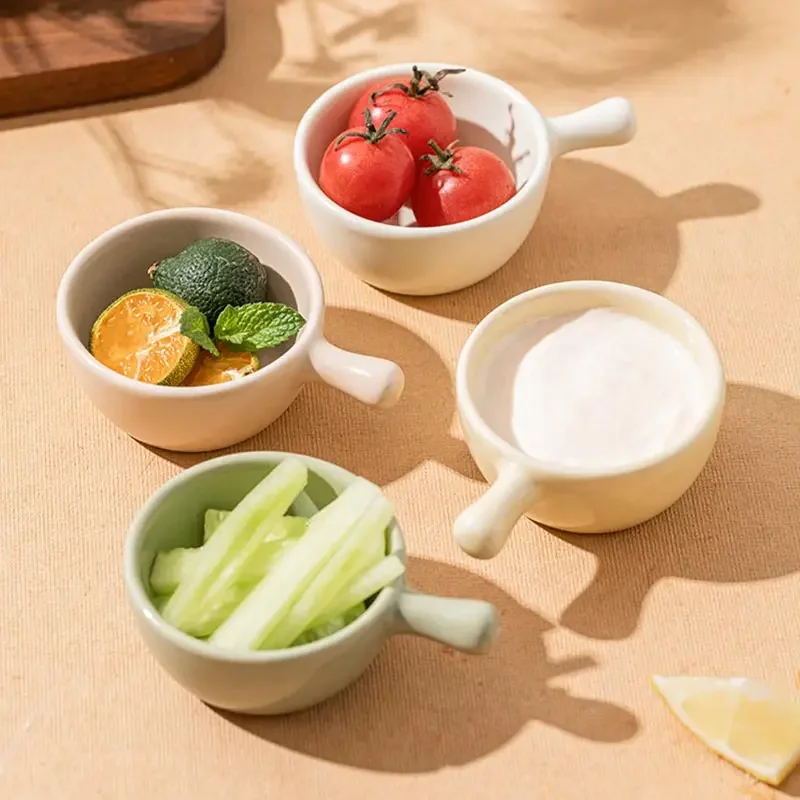 Saucer with Handle Ceramic Small Dish Cream Color Cute Soy Sauce and Vinegar Dish for Dining Room Kitchen Ketchup Dipping Sauce