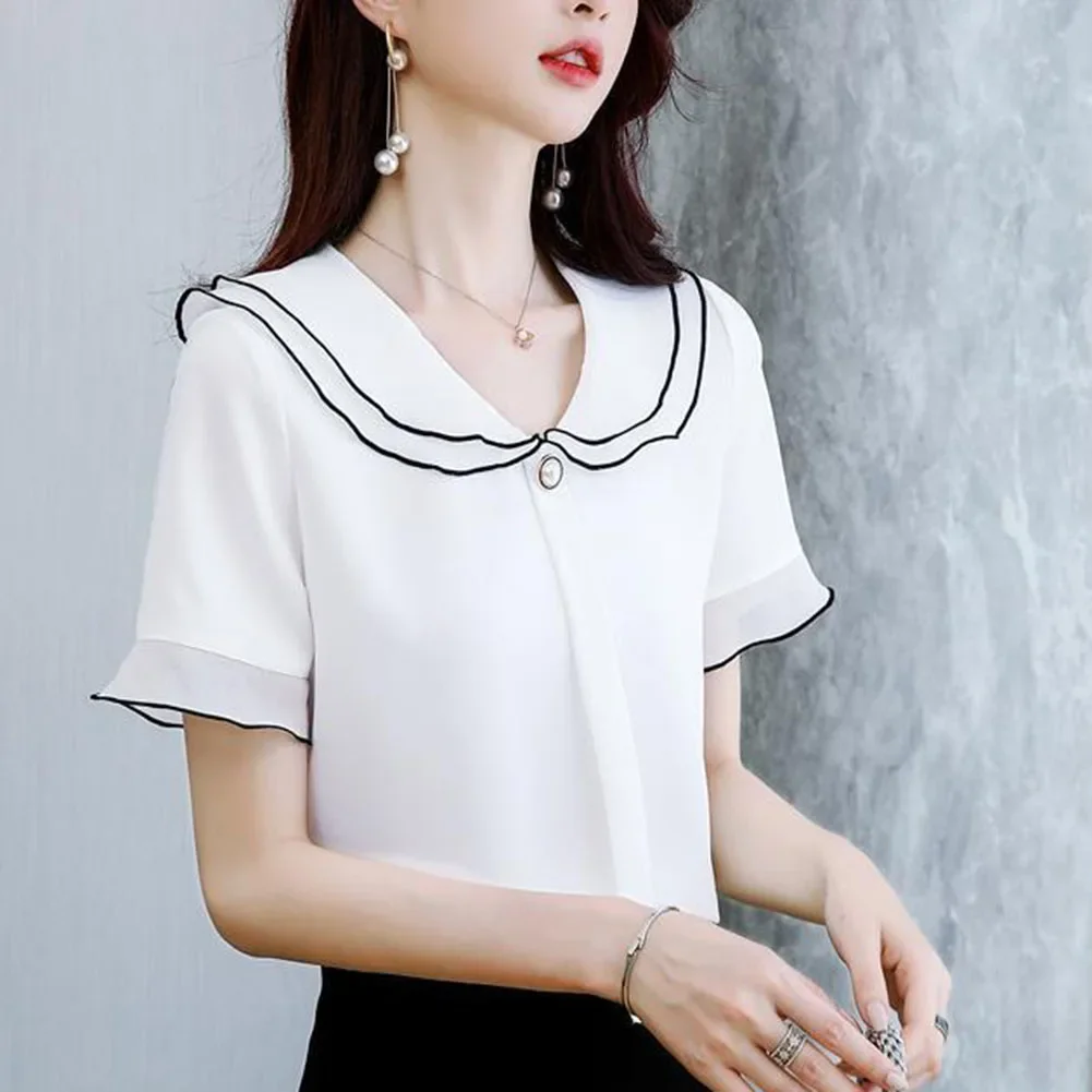 Blouse Shirt Stylish Summer Thin All-match Casual Chiffon Comfortable Fashion Patchwork Short Sleeve Brand New