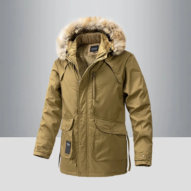 

Men's Winter Mid-Length Hooded Cotton-Padded Jacket with Wool Collar Outdoor Warm Casual Loose Fit