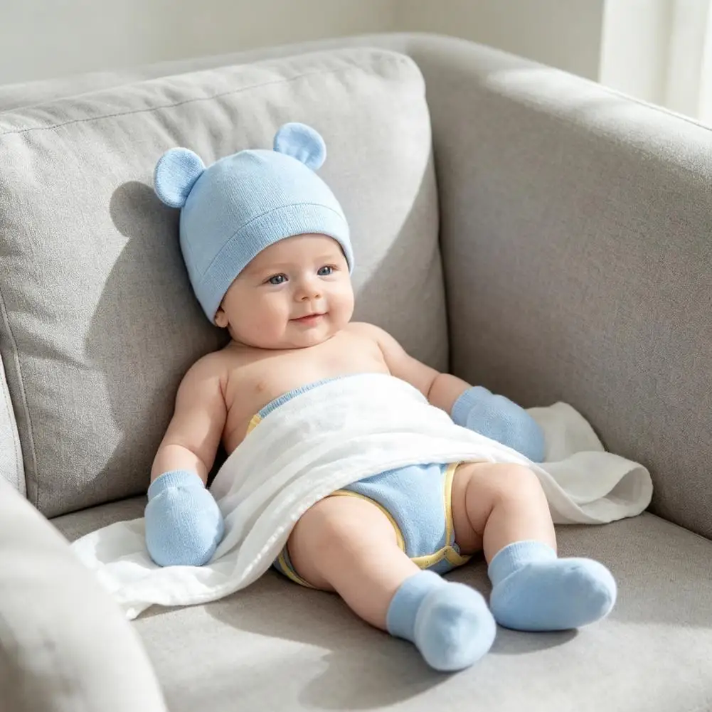 Soft Newborn Headwear Newborn Baby Essentials Newborn Baby Hat Mittens Set Cotton Infant Bear Ears Cap with Anti-scratch for 0-3