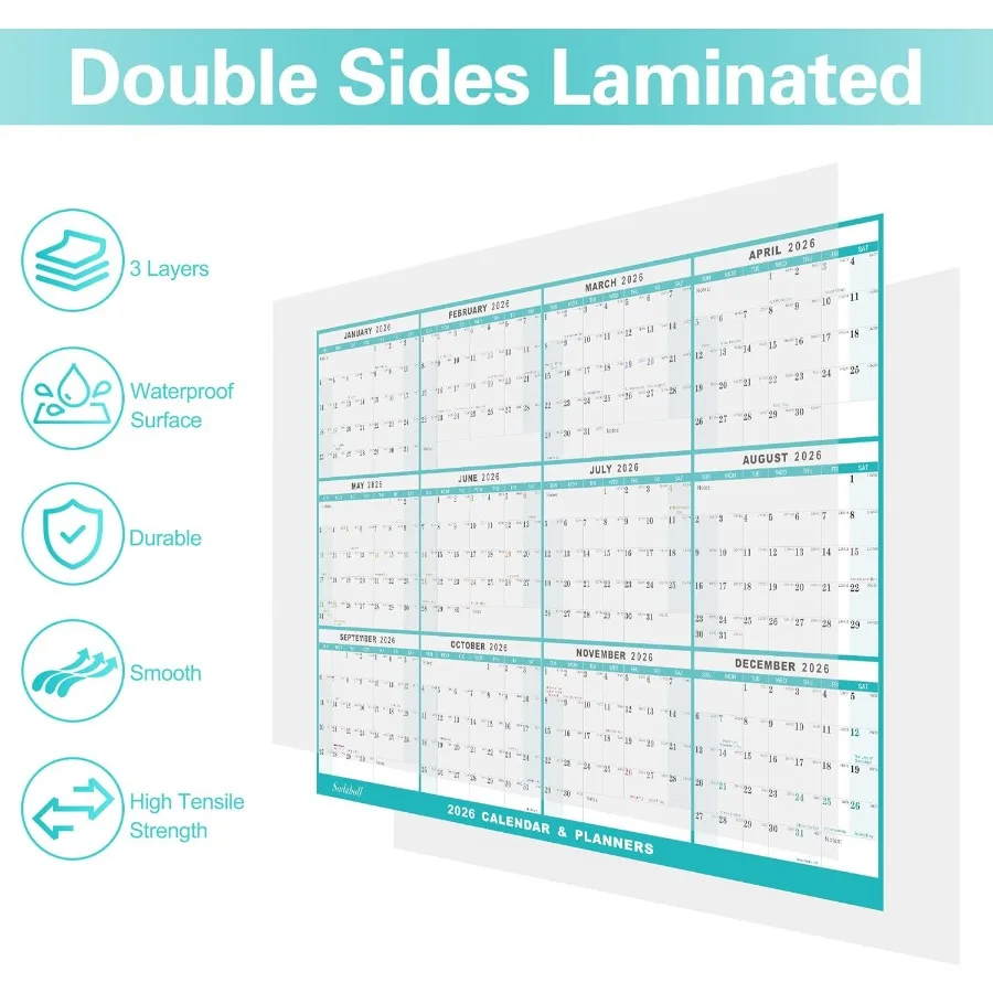 Calendario de pared 2026 de 24 "x 36", calendario de pared plegado de borrado en seco y húmedo, planificador anual anual de 12 meses, calendario laminado anual 2026