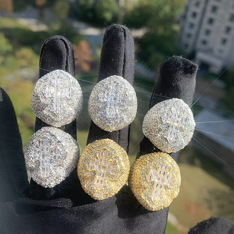 Hip Hop 5A+ Cubic Zirconia Bling Iced Out Double Layer CZ Cross Finger Rings for Men Rapper Jewelry Gold Silver Color Size 7-10